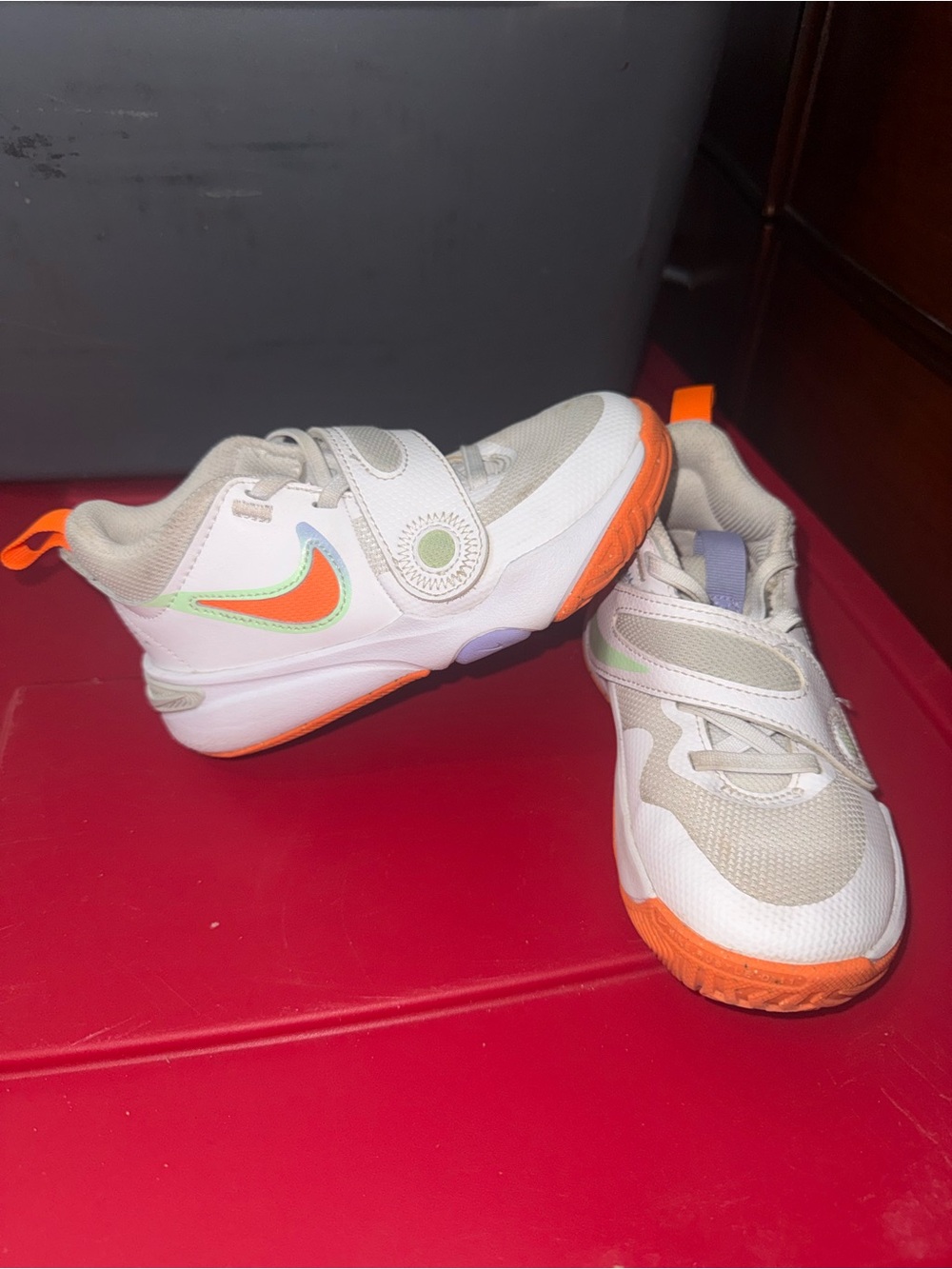 Nike Kids White Sneakers with Orange & Lime Swoosh